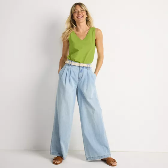 Women's Tall Lightweight Denim Mid Rise Pleated Slouchy Jeans - primary
