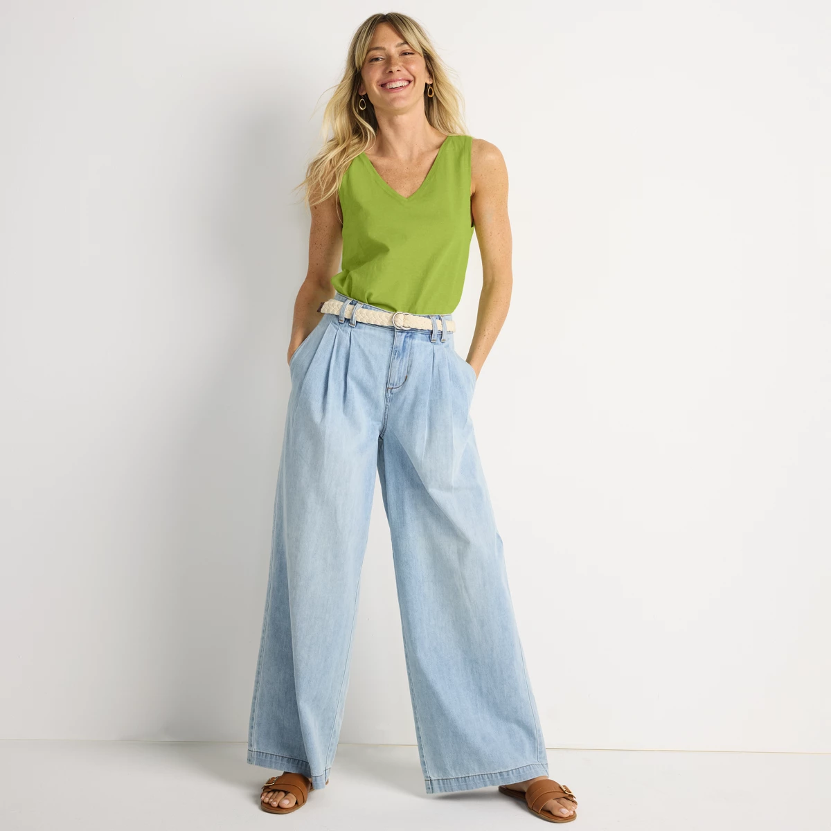 Women's Tall Lightweight Denim Mid Rise Pleated Slouchy Jeans — Breeze Blue Wash by Lands' End