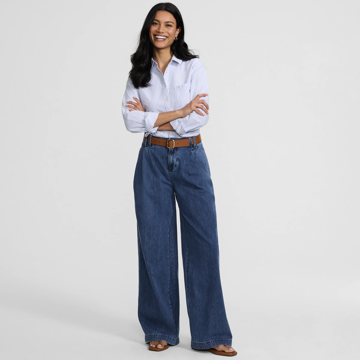 Women's Tall Lightweight Denim Mid Rise Pleated Slouchy Jeans — Canal Blue Wash by Lands' End