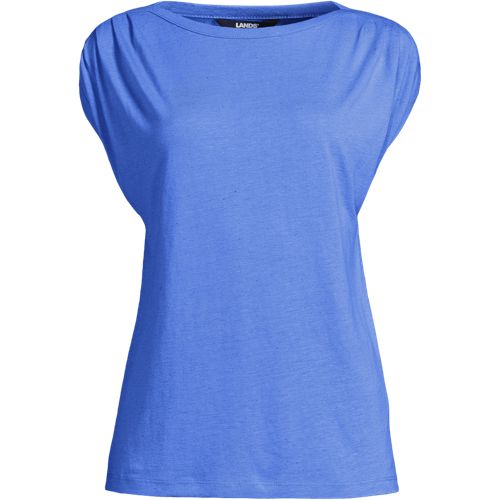 Soft Ease Linen Blend Boatneck Tee, Women, size: L, regular, Blue, Linen/Viscose, by Lands' End
