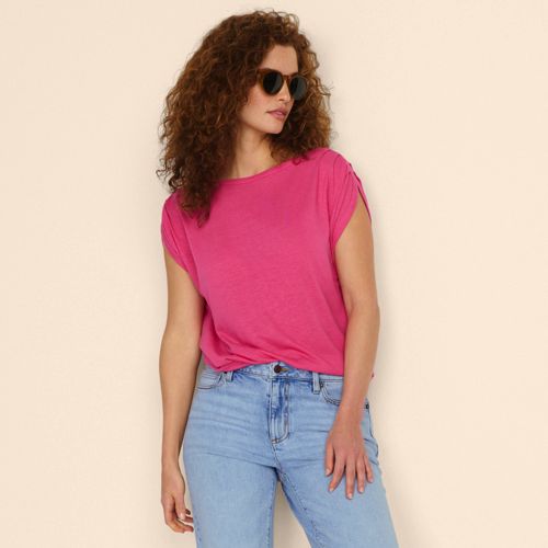 Soft Ease Linen Blend Boatneck Tee, Women, size: XL, regular, Pink, Linen/Viscose, by Lands' End