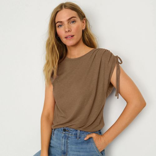 Soft Ease Linen Blend Ruched Sleeve Top, Women, size: L, regular, Brown, Linen/Viscose, by Lands' End