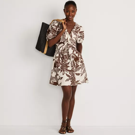 Women's Linen Above the Knee Puff Sleeve Dress - primary