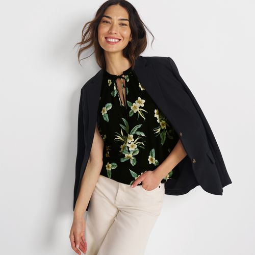 Soft Drape Linen Blend Notch Neck Swing Vest Top, Women, size: S, regular, Black, Linen, by Lands' End