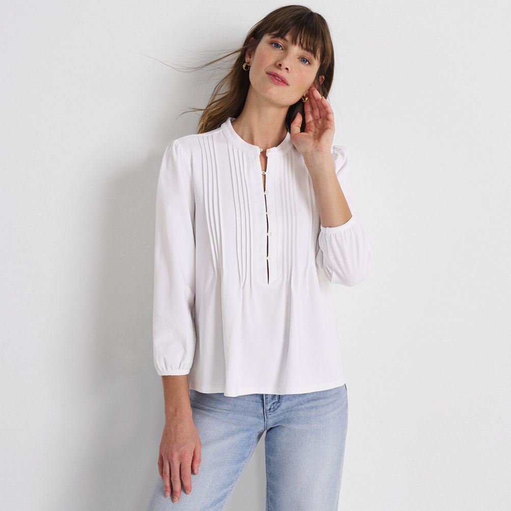 売れ筋商品|||ランズエンド カットソー トップス レディース Women's Lightweight Jersey Button Pintuck Top Ivory/berry rouge blossoms Lands' End Women's Lightweight Jersey Button Pintuck Top