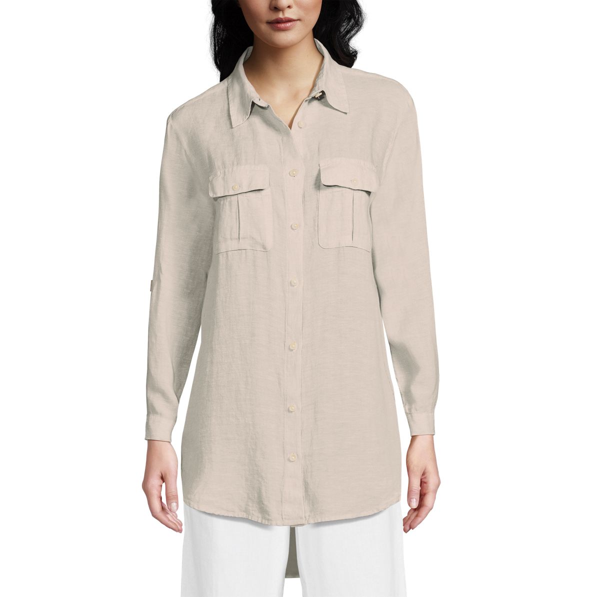 Women's Linen Roll Sleeve Relaxed Tunic Top