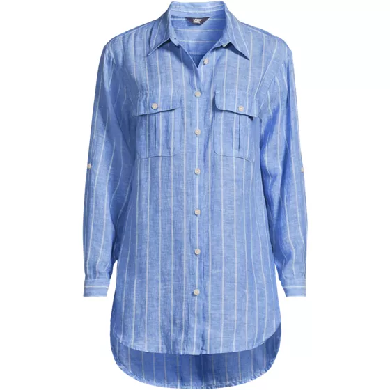 Women's Linen Roll Sleeve Relaxed Tunic Top - primary