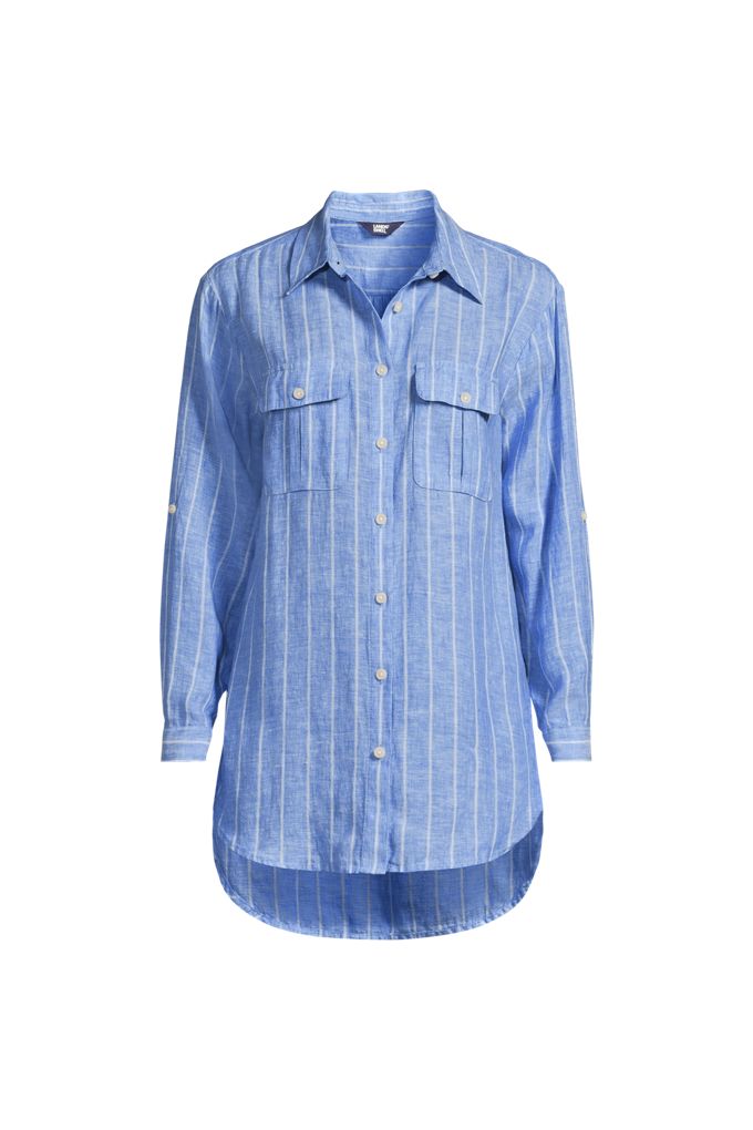 Lands' End Women's Petite Linen Roll Sleeve Relaxed Tunic Top In Blue