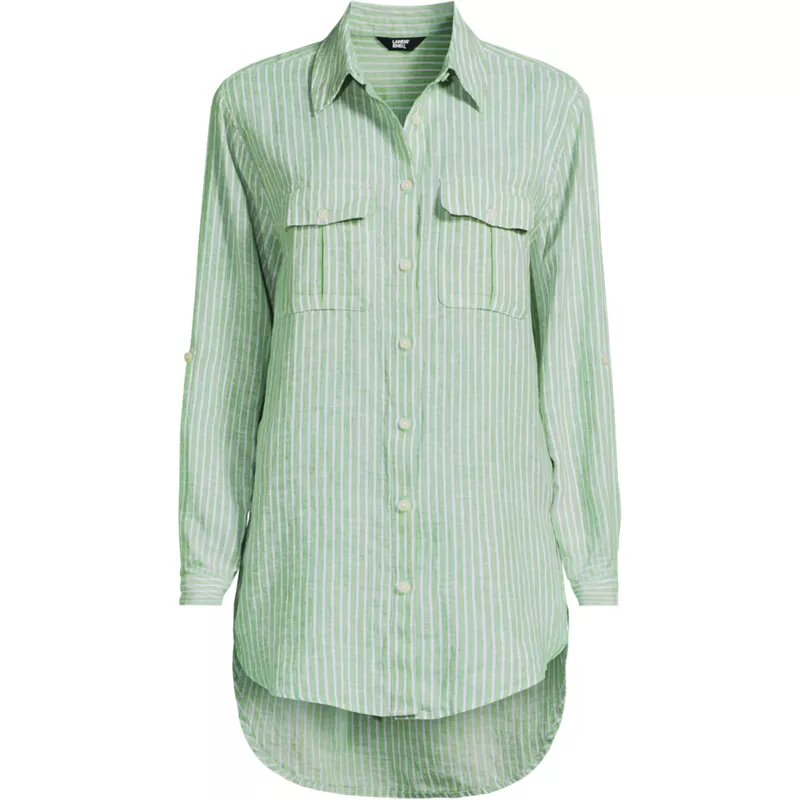Women's Petite Linen Roll Sleeve Relaxed Tunic Top, Front