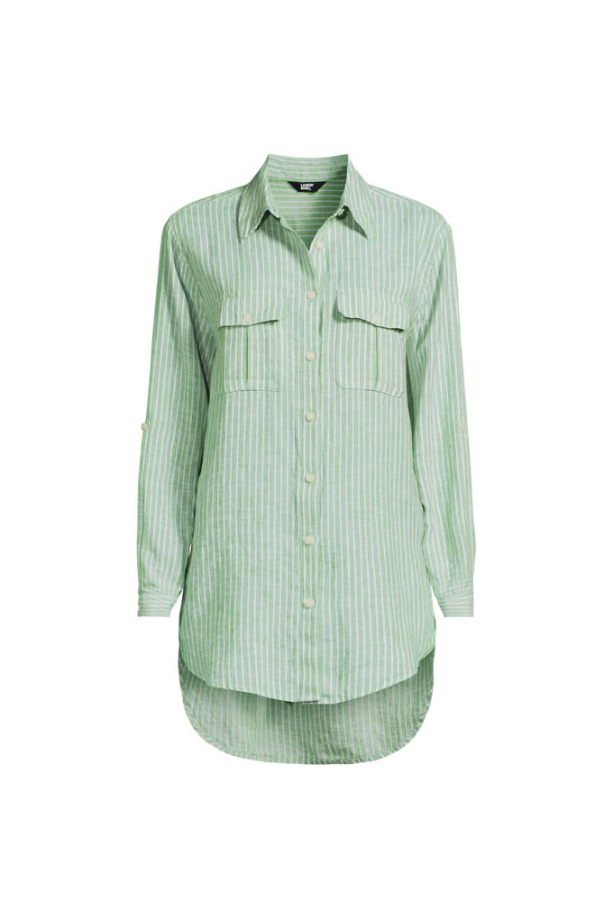 Lands' End Women's Tall Linen Roll Sleeve Relaxed Tunic Top In Green