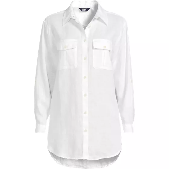 Women's Linen Roll Sleeve Relaxed Tunic Top - primary