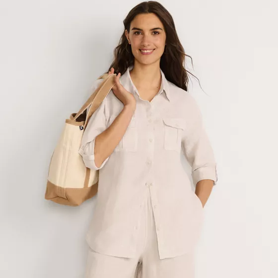 Women's Linen Roll Sleeve Relaxed Tunic Top - primary