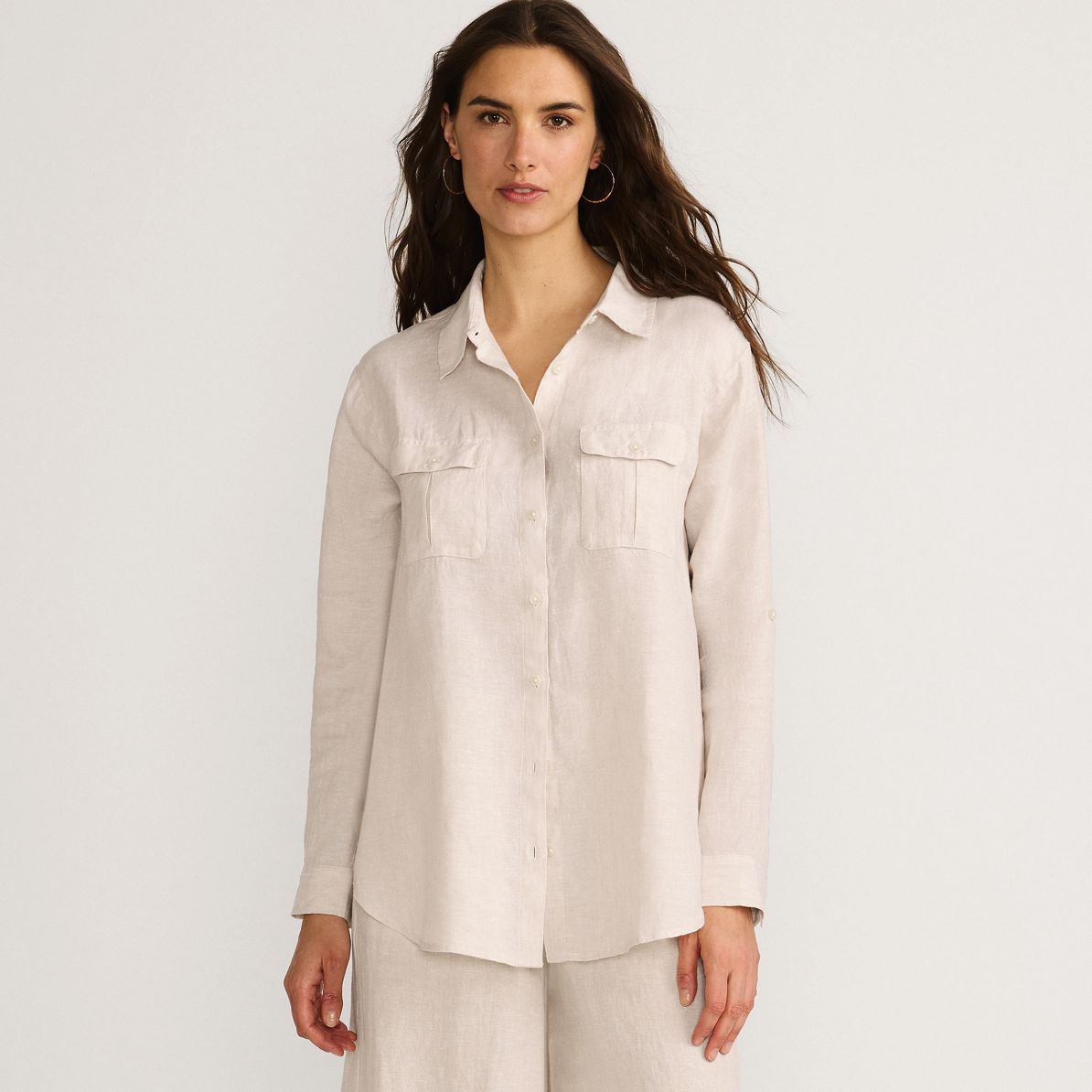 Women's Linen Roll Sleeve Relaxed Tunic Top