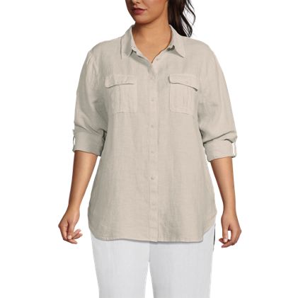 Women's Plus Size Linen Roll Sleeve Relaxed Tunic Top - image 2