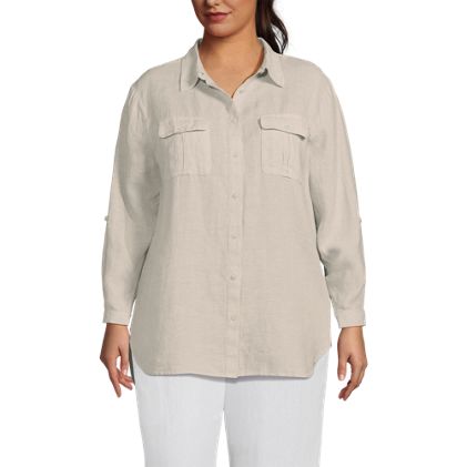 Women's Plus Size Linen Roll Sleeve Relaxed Tunic Top - image 1