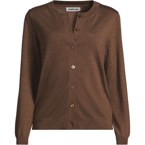 Merino Crew Neck Cardigan, Women, size: L, petite, Brown, Wool, by Lands' End