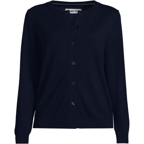 Merino Crew Neck Cardigan, Women, size: L, petite, Blue, Wool, by Lands' End