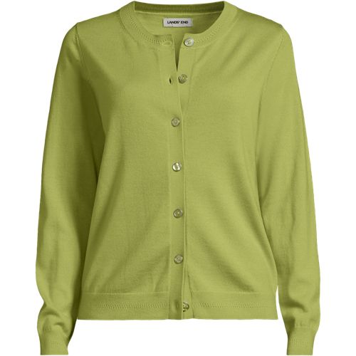 Merino Crew Neck Cardigan, Women, size: XS, petite, Green, Wool, by Lands' End
