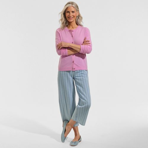 Merino Crew Neck Cardigan, Women, size: L, regular, Pink, by Lands' End