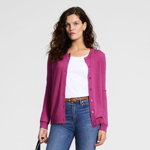 Merino Crew Neck Cardigan, Women, size: S, regular, Pink, by Lands' End