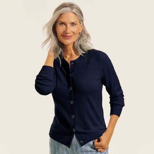 Merino Crew Neck Cardigan, Women, size: XS, regular, Blue, by Lands' End