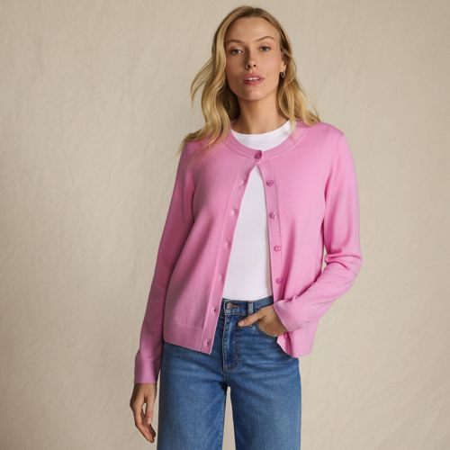 Merino Crew Neck Cardigan, Women, size: XL, regular, Pink, by Lands' End