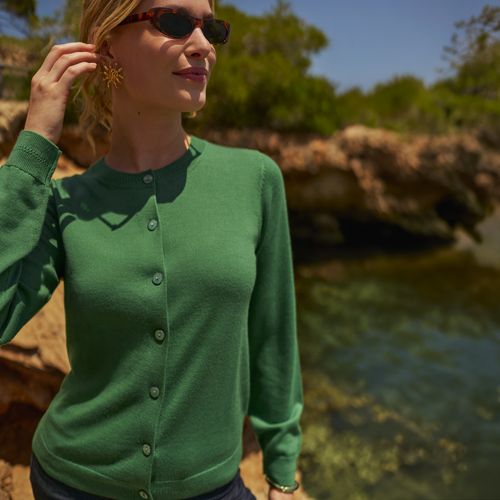 Merino Crew Neck Cardigan, Women, size: S, regular, Green, by Lands' End