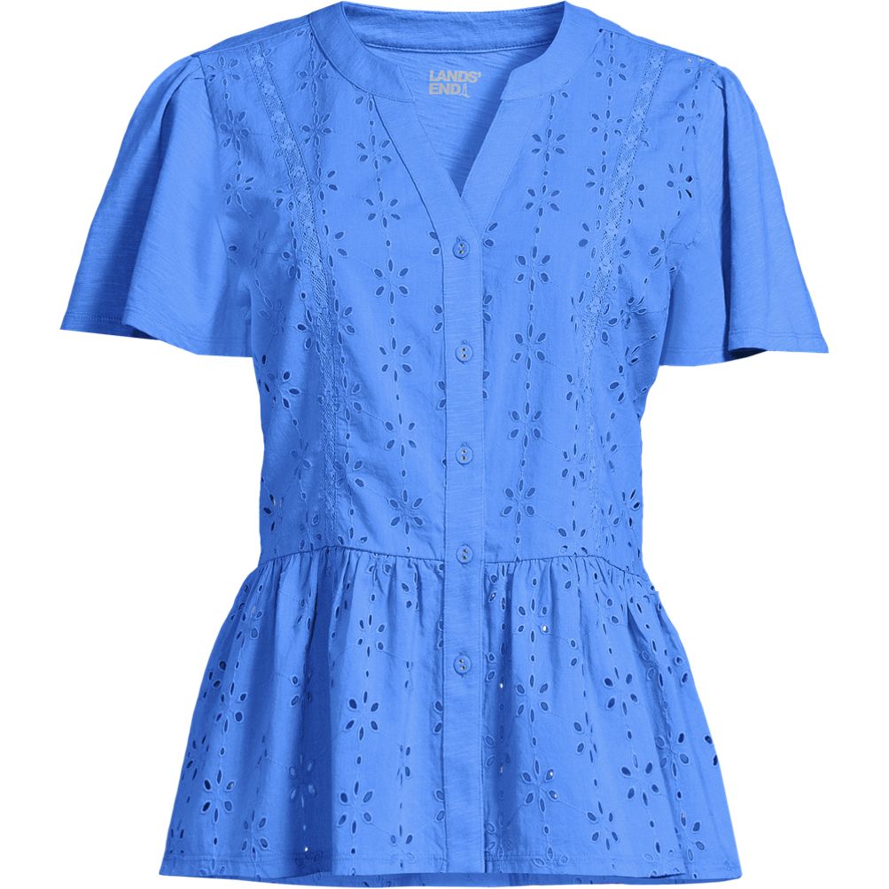 Women's Short Sleeve Mixed Media Eyelet Top | Lands' End