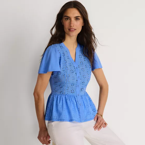 Women's Short Sleeve Mixed Media Eyelet Top - primary