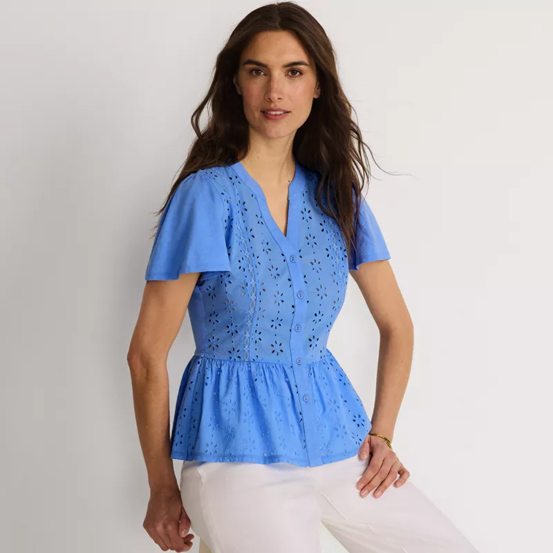 Women's Short Sleeve Mixed Media Eyelet Top, alternative image