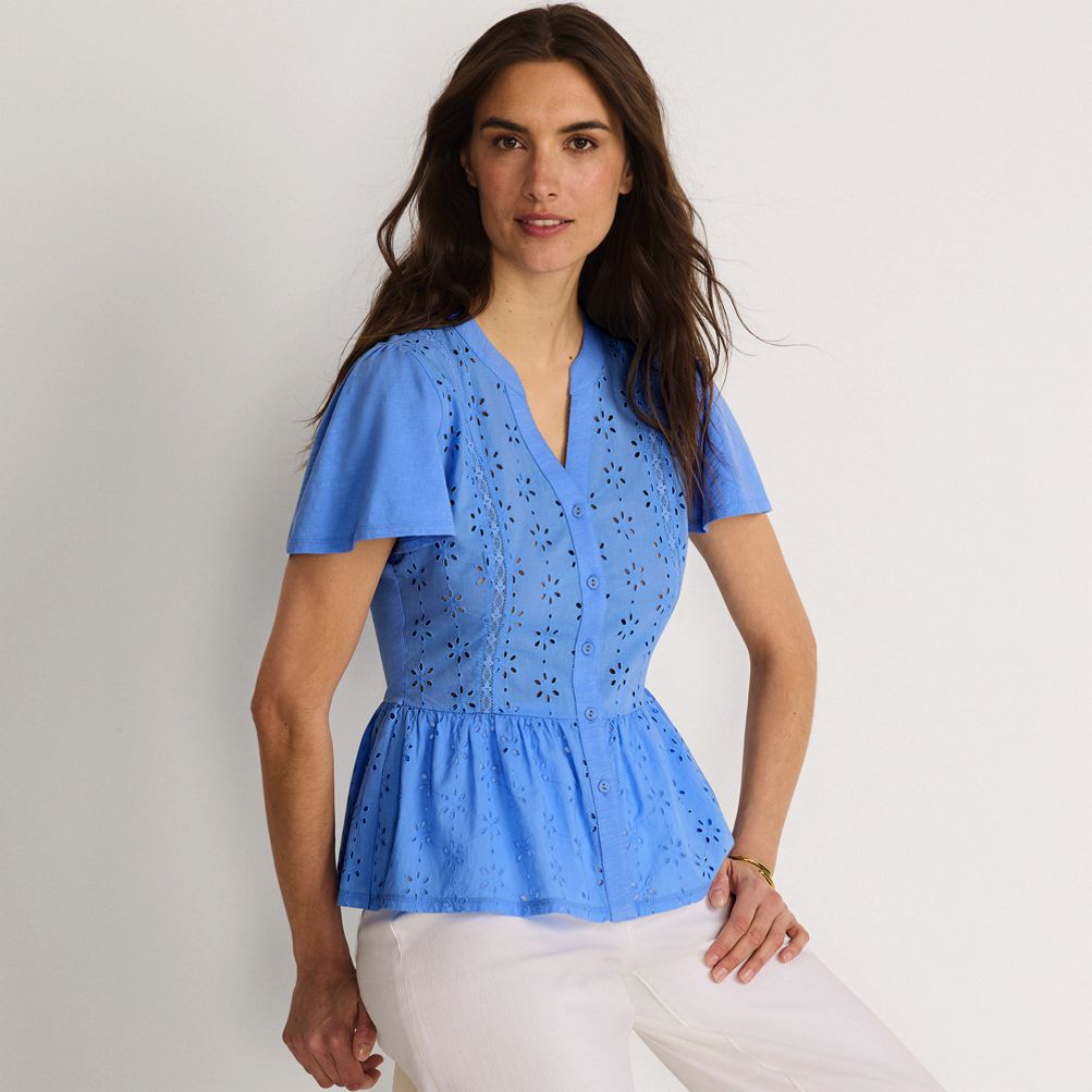 Women's Short Sleeve Mixed Media Eyelet Top | Lands' End