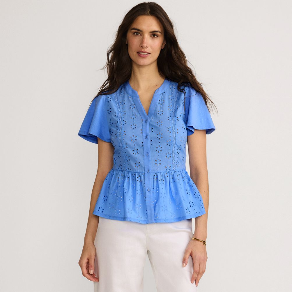 Women's Short Sleeve Mixed Media Eyelet Top | Lands' End