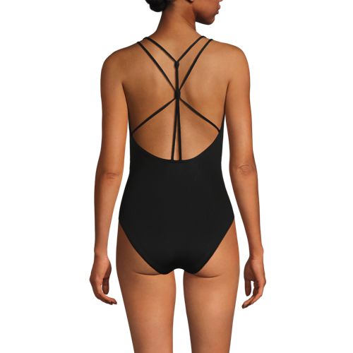  Lands' End Komfort-badeanzug Mit V-ausschnitt Und Gekreuzten Trägern, Damen, Größe:34 Regular, Schwarz, Polyester-mischung/nylon-mischung, By Lands' End 