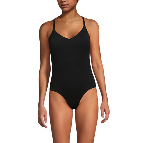  Lands' End Komfort-badeanzug Mit V-ausschnitt Und Gekreuzten Trägern, Damen, Größe:34 Regular, Schwarz, Polyester-mischung/nylon-mischung, By Lands' End 