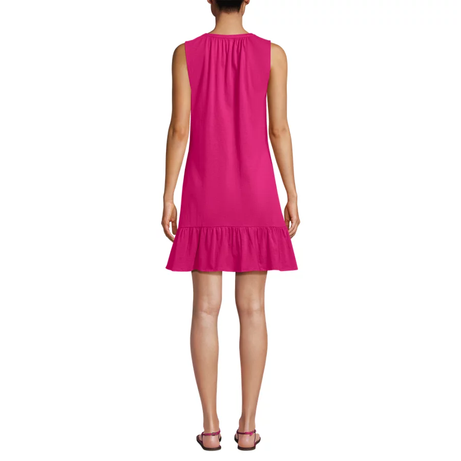 Women's Sleeveless Cotton Jersey Notch Neck Flounce Dress