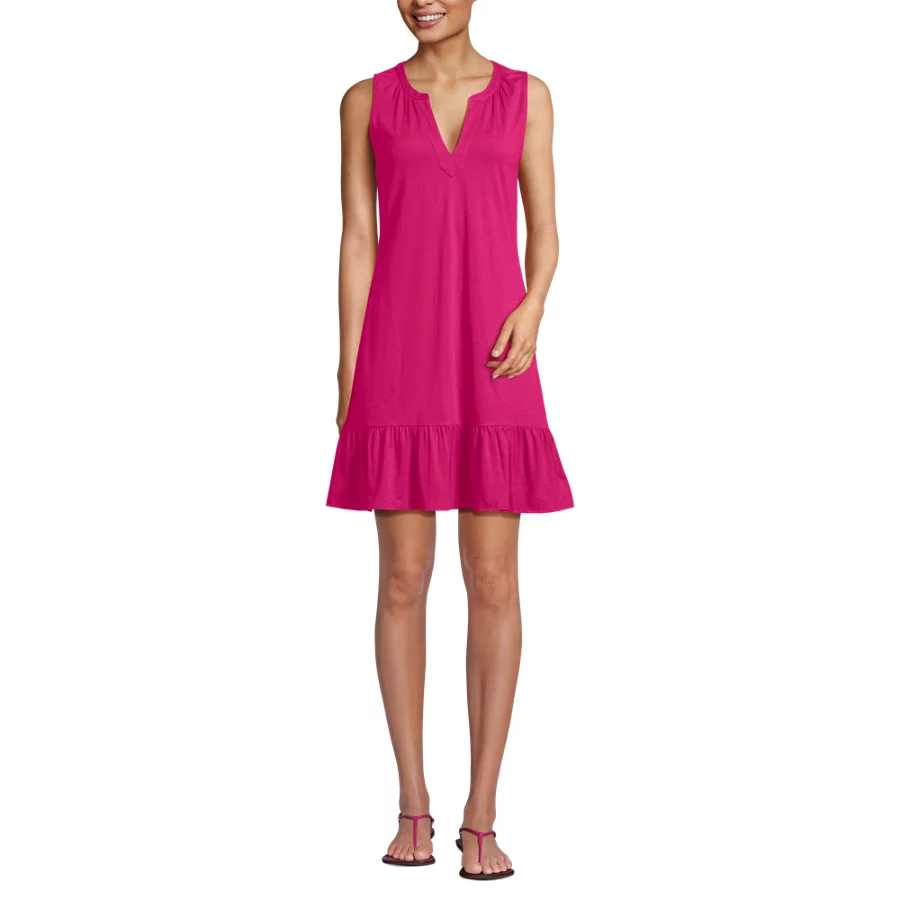 Women's Sleeveless Cotton Jersey Notch Neck Flounce Dress view 2