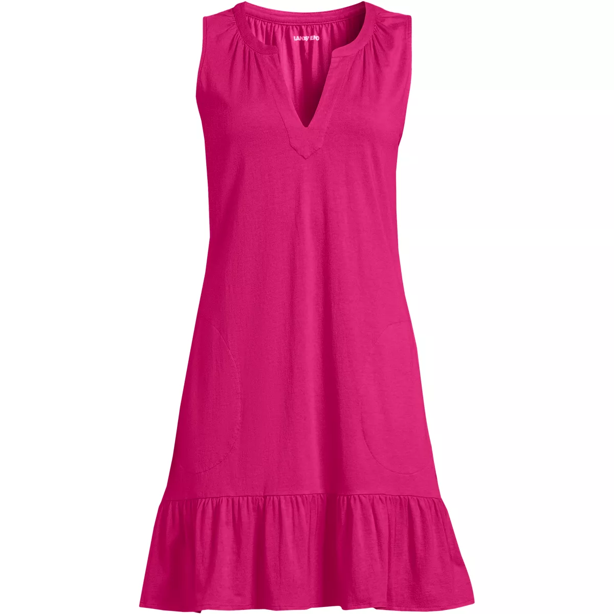 Women's Sleeveless Cotton Jersey Notch Neck Flounce Dress