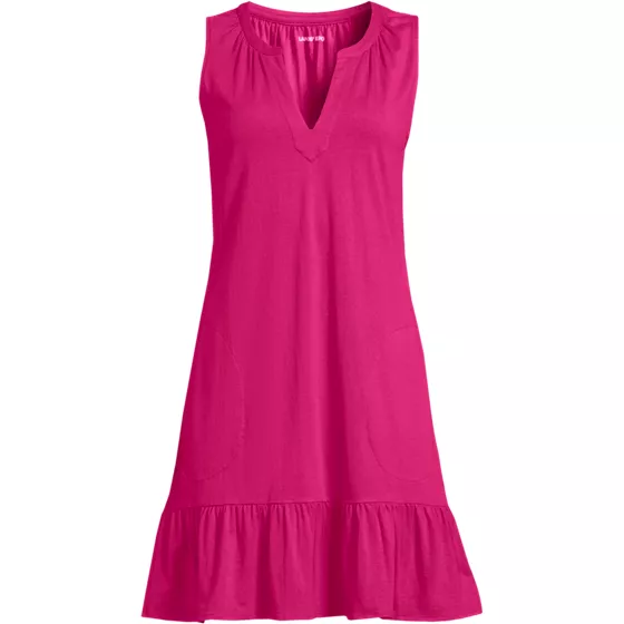 Women's Sleeveless Cotton Jersey Notch Neck Flounce Dress - primary