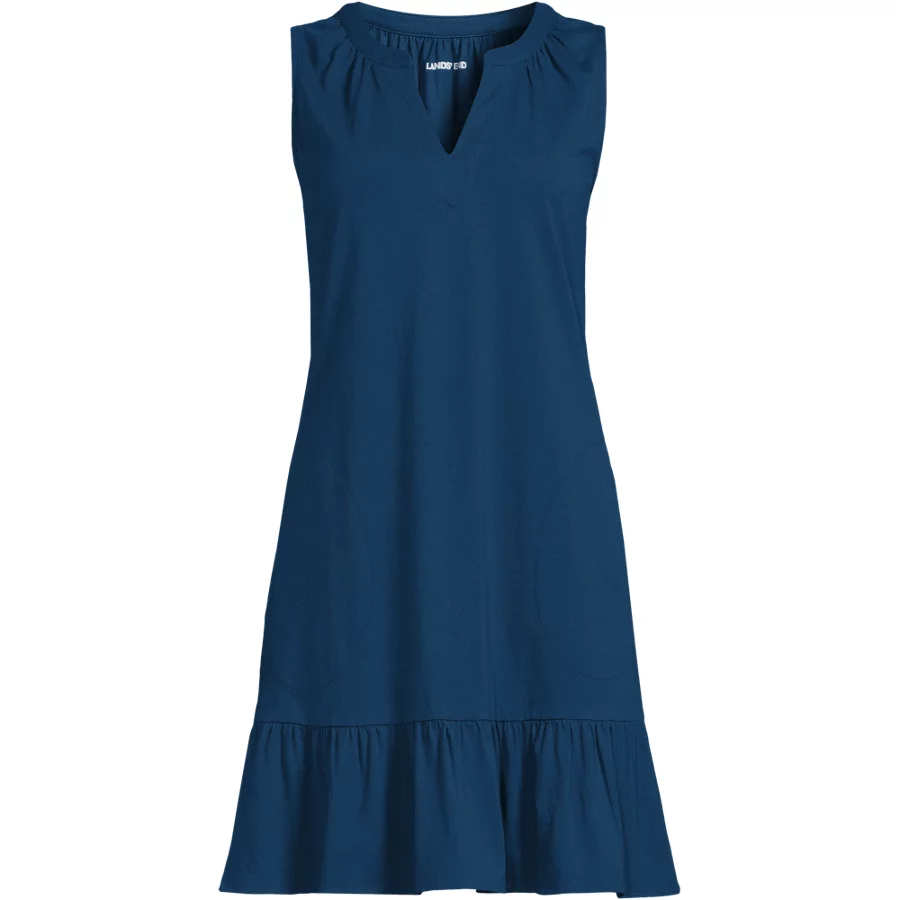 Women's Sleeveless Cotton Jersey Notch Neck Flounce Dress view 3