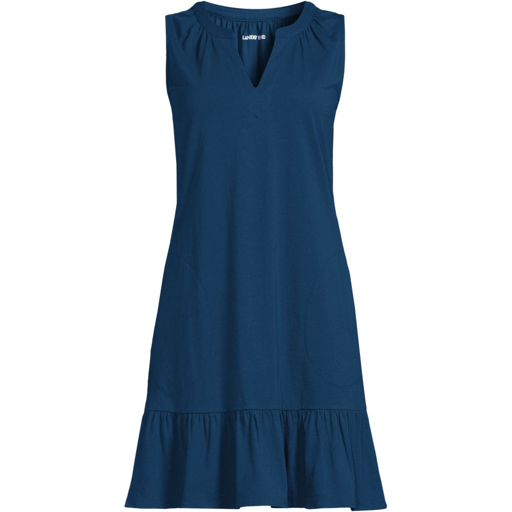lands end women's cotton jersey notch neck dress Women's Sleeveless Cotton Jersey Notch Neck Flounce Dress