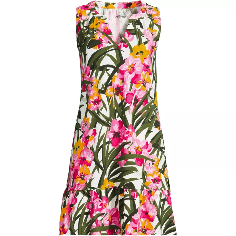Women's Petite Sleeveless Cotton Jersey Notch Neck Flounce Dress, Front
