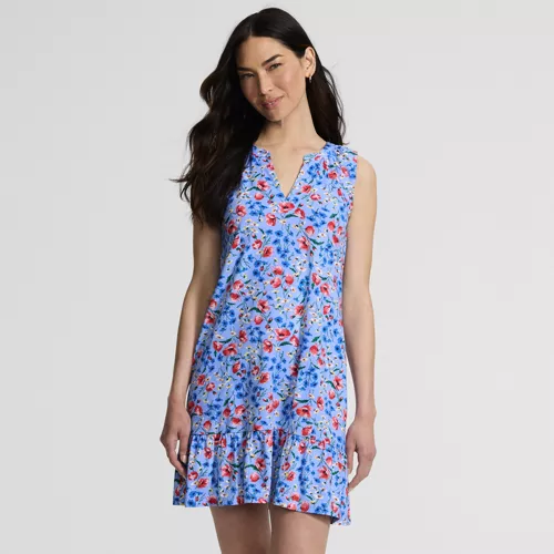 Women's Sleeveless Cotton Jersey Notch Neck Flounce Dress, Front