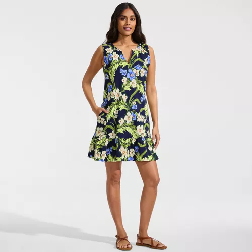 Women's Sleeveless Cotton Jersey Notch Neck Flounce Dress, Front