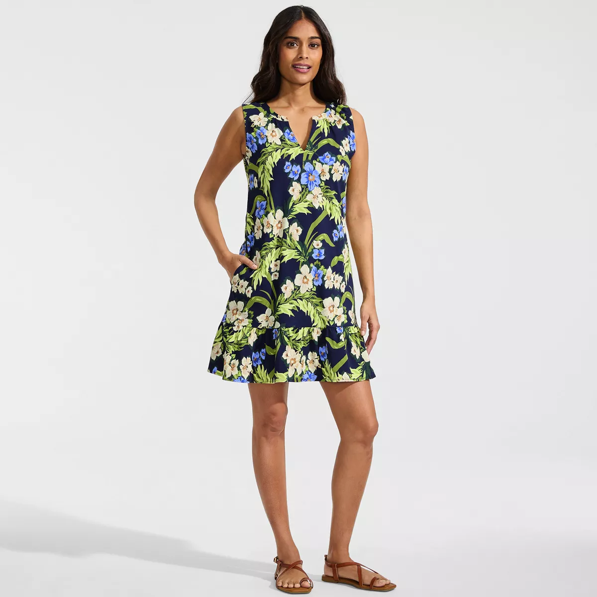 Women's Sleeveless Cotton Jersey Notch Neck Flounce Dress