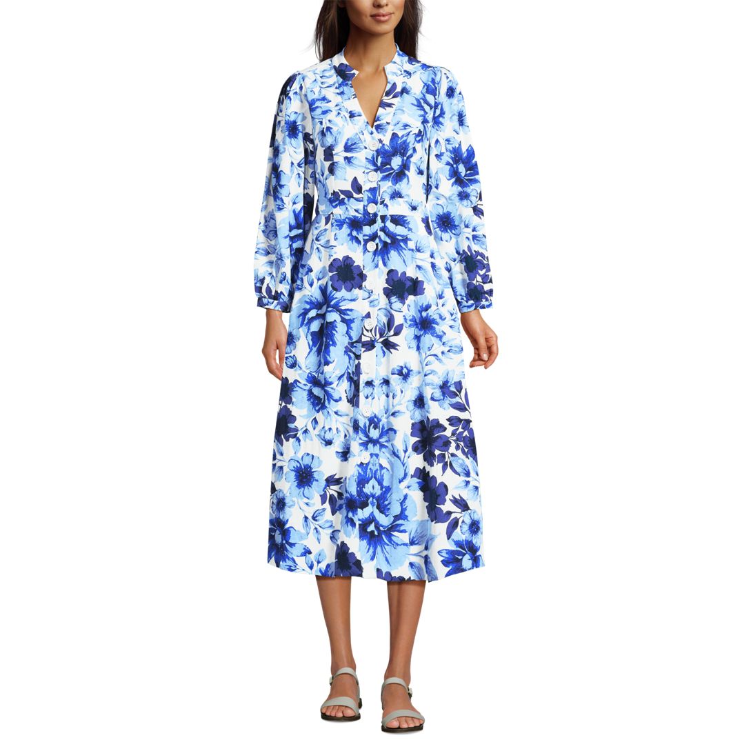 Women's Cotton Blend Bracelet Sleeve Midi Shirt Dress