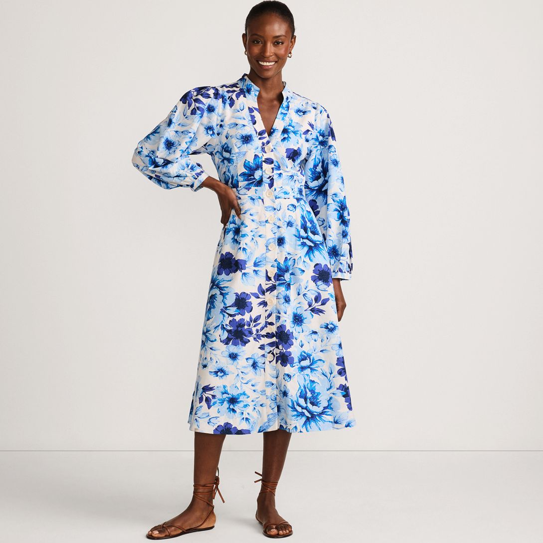 Women's Cotton Blend Bracelet Sleeve Midi Shirt Dress