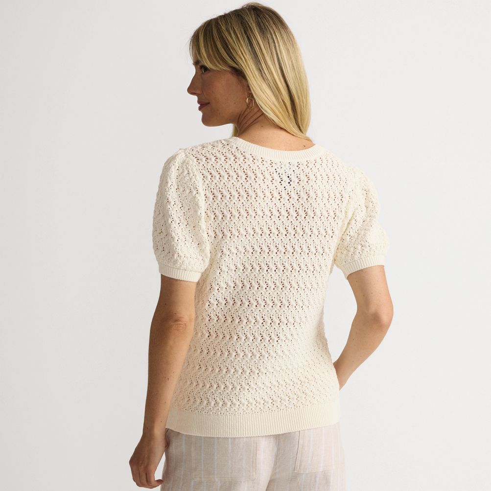 Women's Cotton Cable Puff Sleeve Crew Neck Sweater | Lands' End