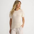 Women's Cotton Cable Puff Sleeve Crew Neck Sweater