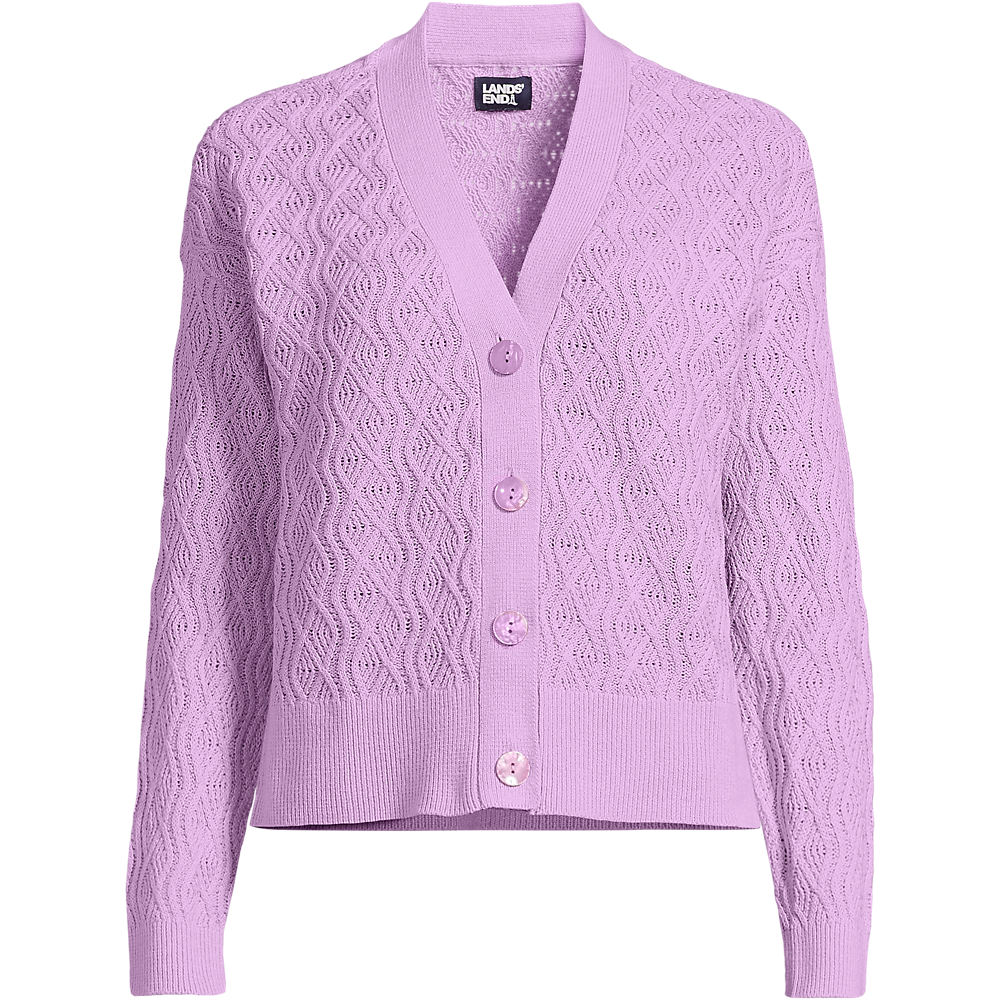 Soft Ease Linen Blend Cable Cardigan, Women, size: L, regular, Purple, Cotton/Linen/Cotton-blend, by Lands' End