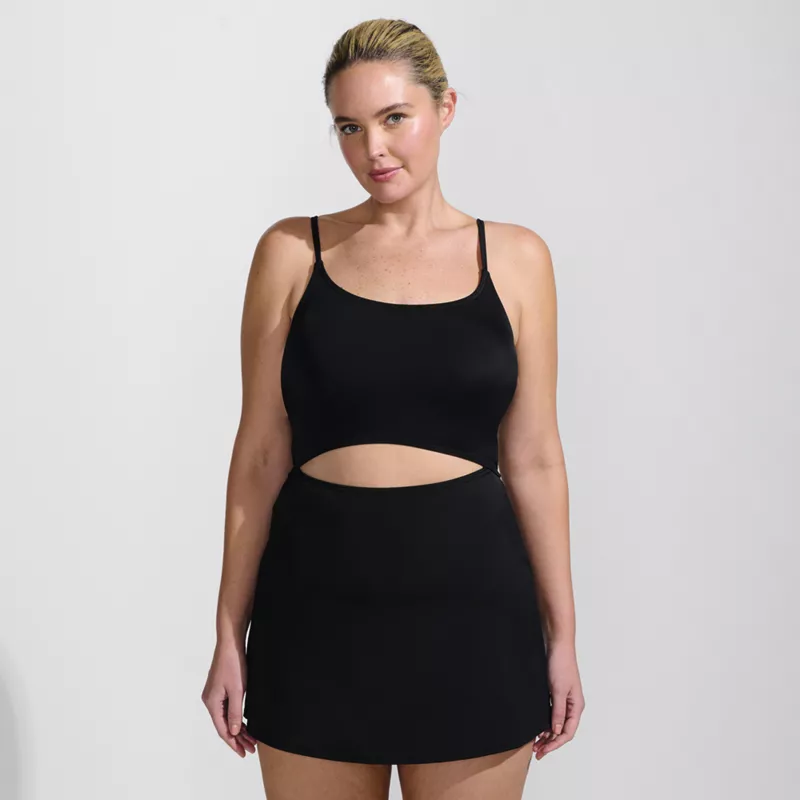 Plus Size Women's Tugless Monokini Swim Dress Swimsuit, Front